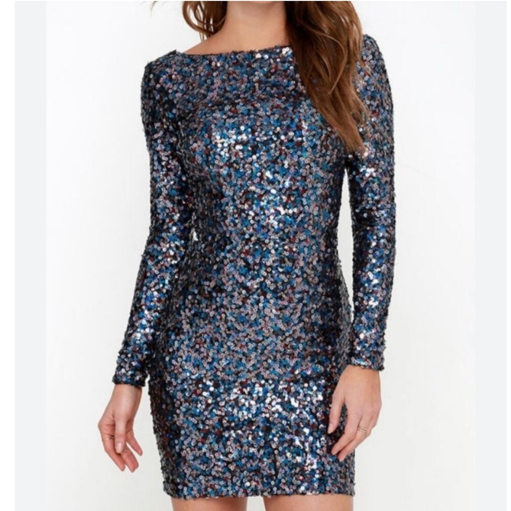 Dress The Population Blue Purple Sequin Long Sleeve Lola Mini Dress S